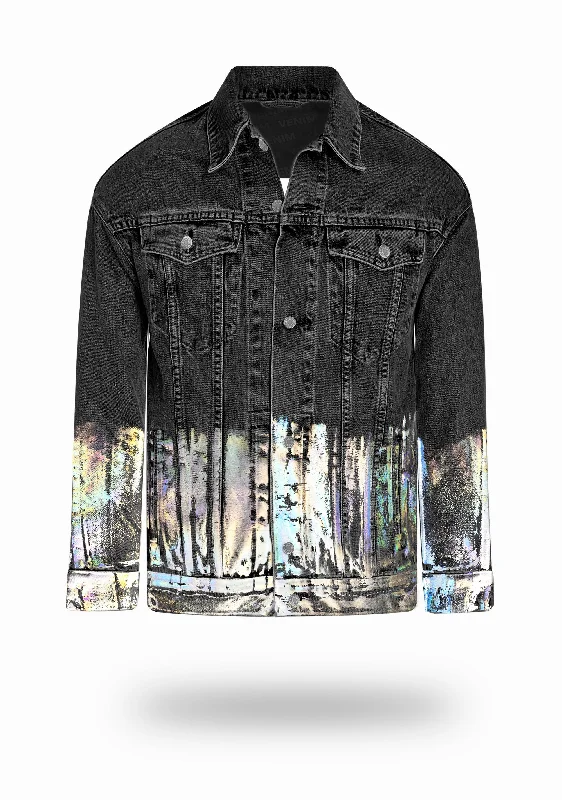 Longer Washed Black Denim Jacket with Holographic Foil Cool Men's Distressed