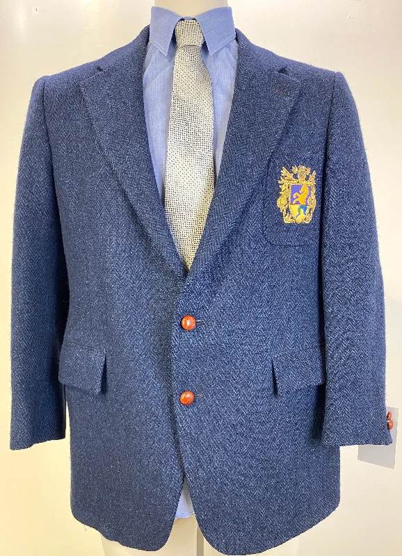 1980s Vintage Wool Herringbone Navy Men's Blazer, Polo Ralph Lauren Pocket Crest, C42S Practical Men's Quick