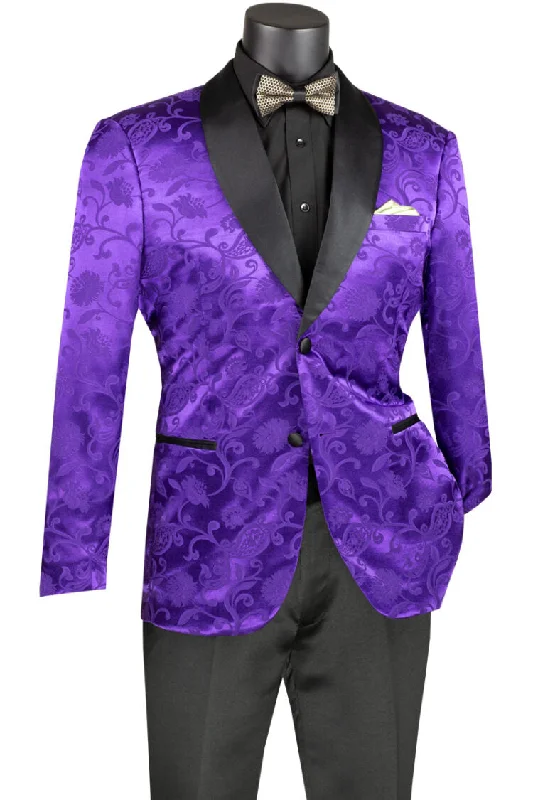 Slim Fit Silky Jacquard Fabric Sport Coat Single Breasted 2 Buttons with Bow Tie Purple Monochromatic Office Style