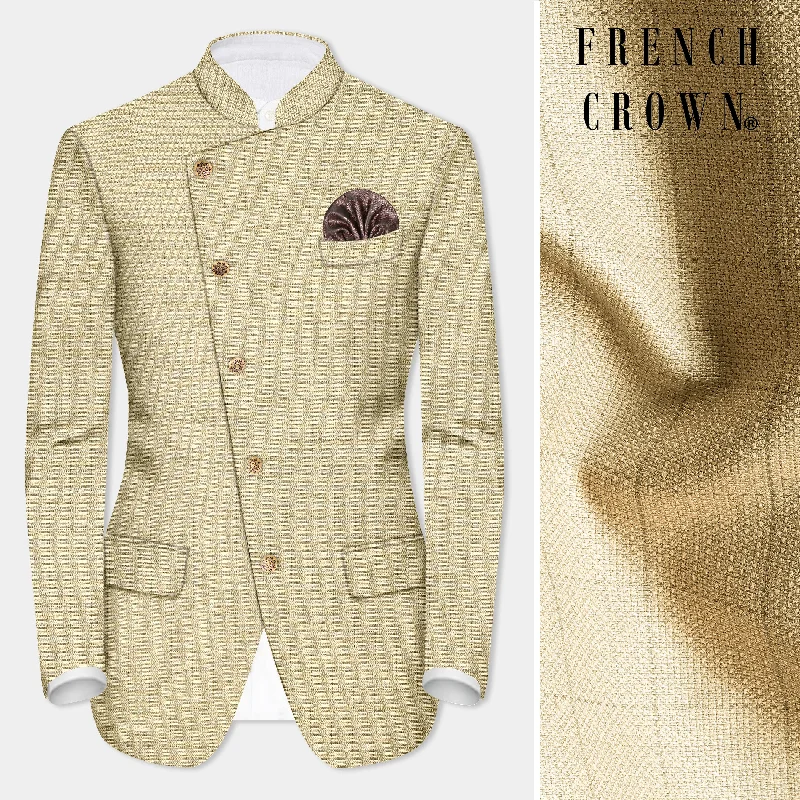 Pavlova Brown with Taupe Brown Checkered Dobby Wool Rich Cross Placket Bandhgala Blazer Casual Men's Japanese 