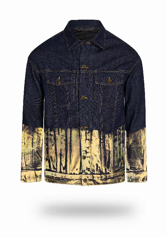 Longer Indigo Denim Jacket with Gold Holographic Foil Practical Men's Multi