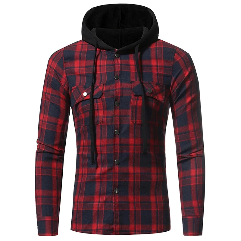 Men Plaid Shirts 2018 New Fashion Korean Wild Long Sleeve Flannel Hooded Shirt Casual Slim Fit Plus Size Cotton Men Clothes Red Minimalist Men's Casual 