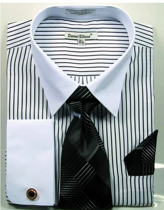 Men's Black PinStripe Shirt Set with White  Collar Polished Men's Satin