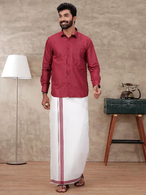 Men Maroon Matching Border Dhoti & Full Sleeves Shirt Set BB5 Tough Men's Military