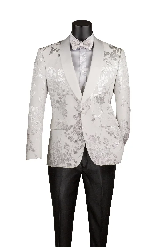 White Slim fit Fit Floral Pattern Jacket Shawl Lapel With Bow Tie Streetwear Style