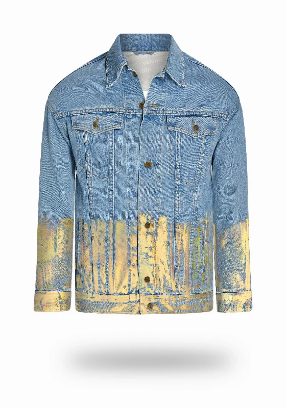 Longer Light Wash Denim Jacket with Gold Holographic Foil Traditional Men's Country