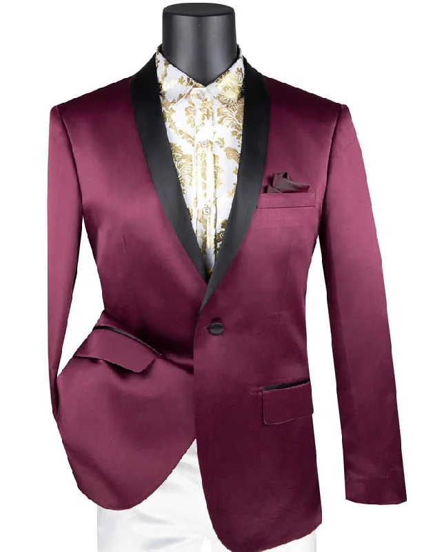 Wine Slim Fit Blazer Stretch Sateen 1 Button With Narrow Shawl Lapel Sophisticated Men's 