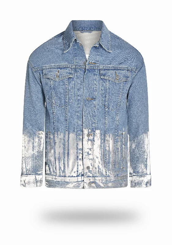 Longer Light Wash Denim Jacket with Mercury Foil Sporty Men's Athleisure 