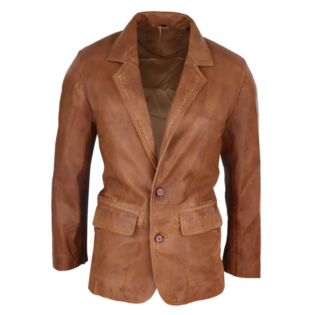 Men's Regular Fit Classic Leather 2 Button Tan Brown Blazer Jacket Sophisticated Men's 