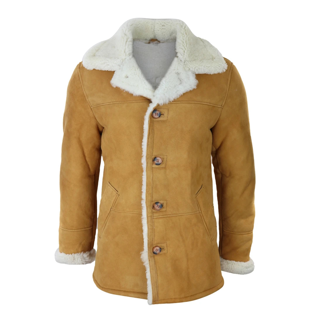 Men's 3/4 Sheepskin Coat Classic Tan Brown Camel Jacket Cream Fur Lumberjack