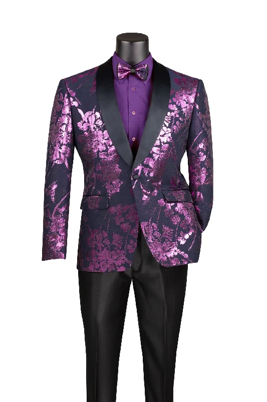 Lavender Slim fit Fit Floral Pattern Jacket Shawl Lapel With Bow Tie Modern Men's Geometric