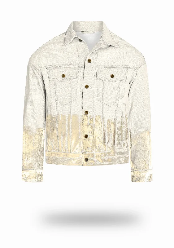 Shorter Off-White Denim Jacket with Champagne Gold Foil Polished Men's Silk