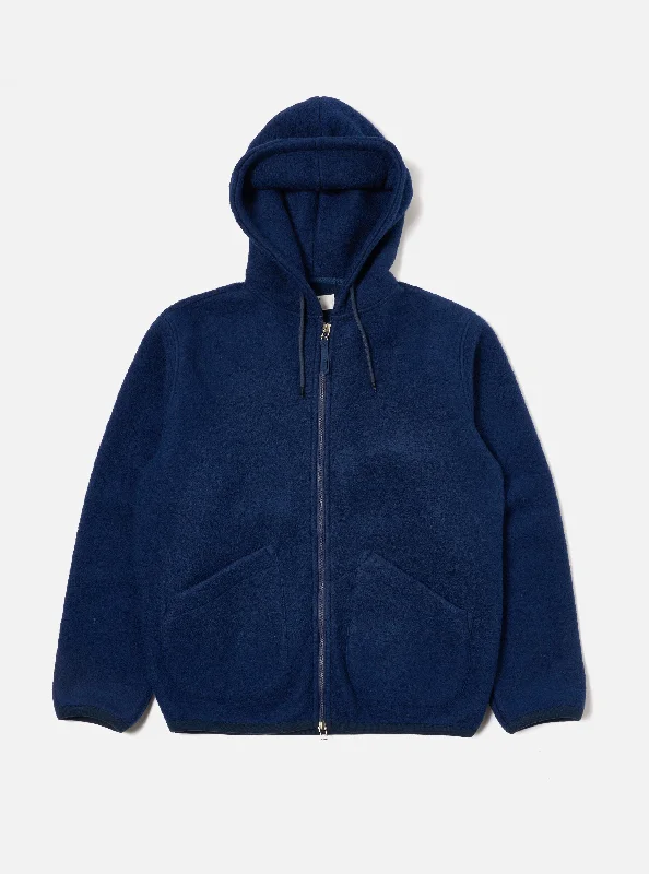 Universal Works Travel Hoodie in Indigo Wool Fleece Sleek Men's Metallic