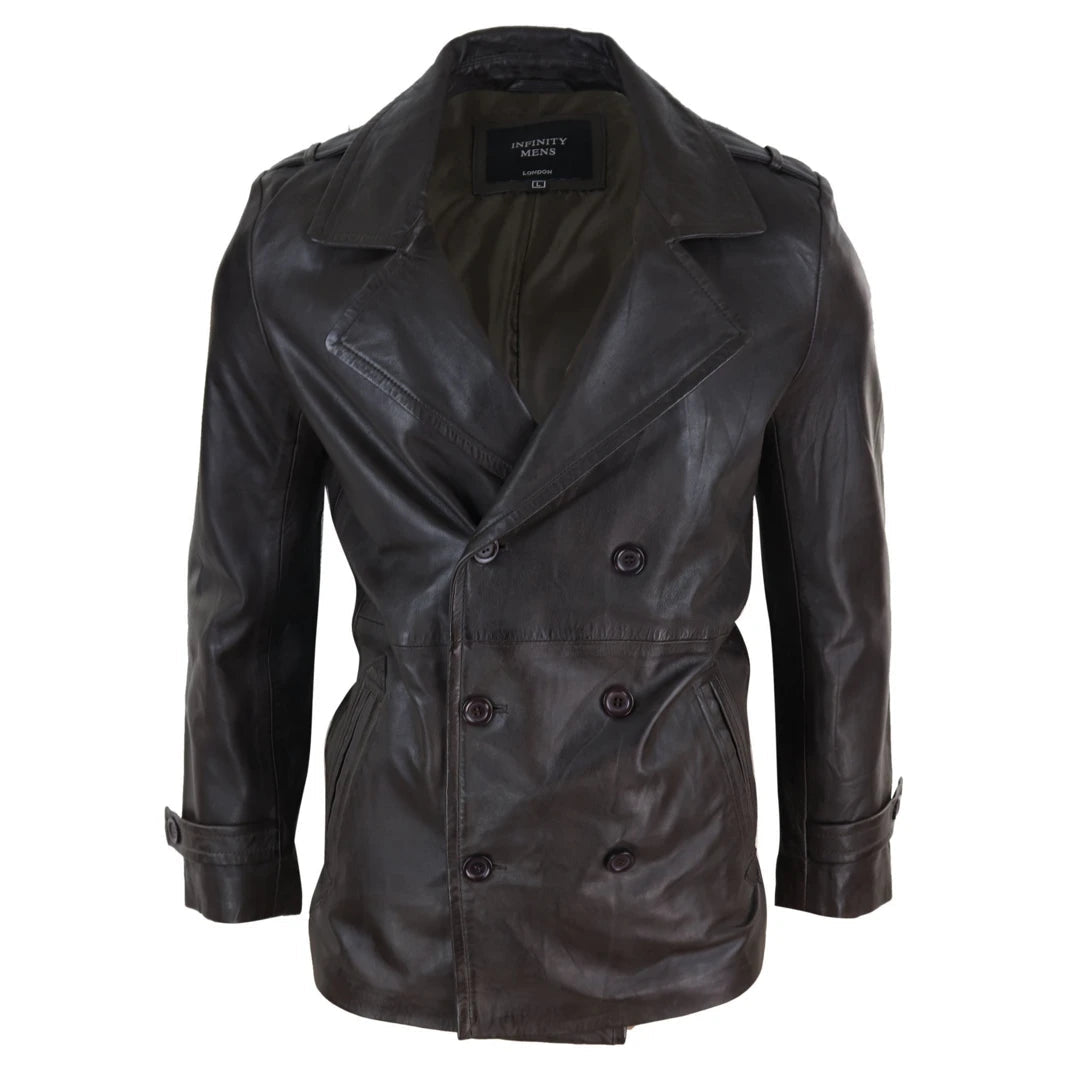 Men's Leather 3/4 Double Breasted Pea Coat Sherlock Brown Sailor Classic Dynamic Men's High