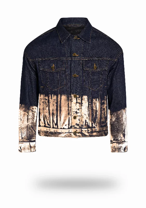 Shorter Indigo Denim Jacket with Rose Gold Foil Refined Men's Hand