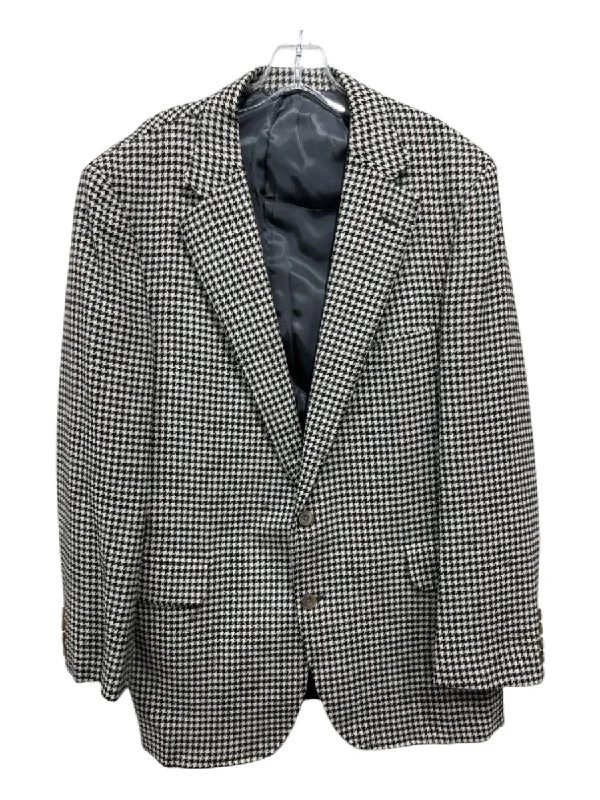 H Stockton Black & White Wool Blend Houndsooth Plaid 2 Button Men's Blazer Unique Men's Upcycled