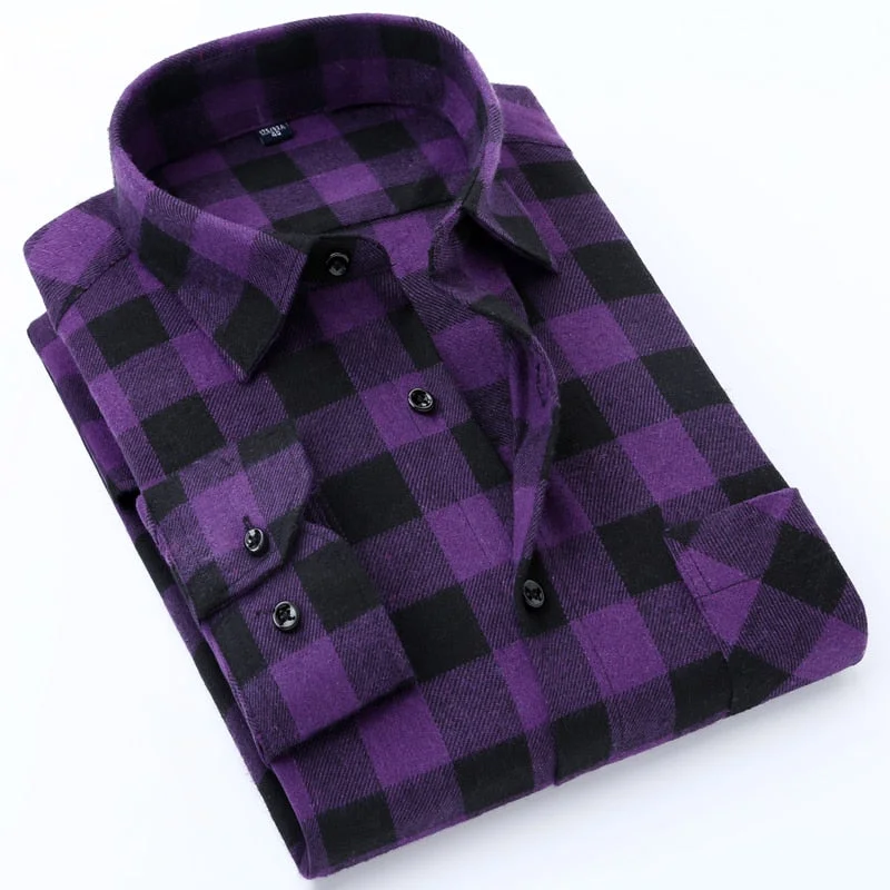 Men's Long Sleeve Brushed Checkered Plaid Shirt Patch Left Pocket Classic Casual Standard-Fit Comfortable and Soft Dress Shirts Athletic Men's Compression