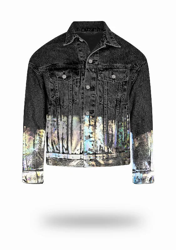 Shorter Washed Black Denim Jacket with Holographic Foil Monochromatic Office Style