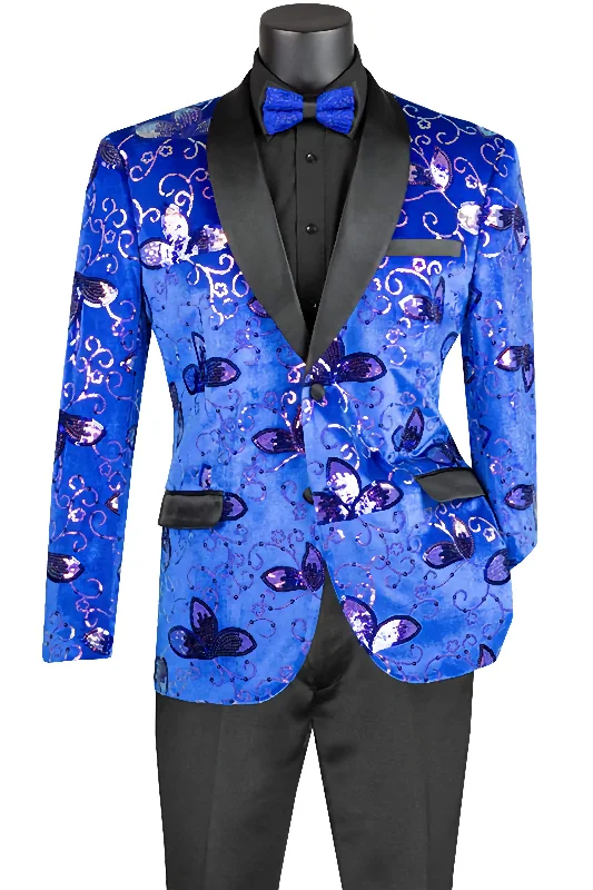 Royal Blue Slim Fit Velvet Sequin Floral Pattern Jacket Monochromatic All