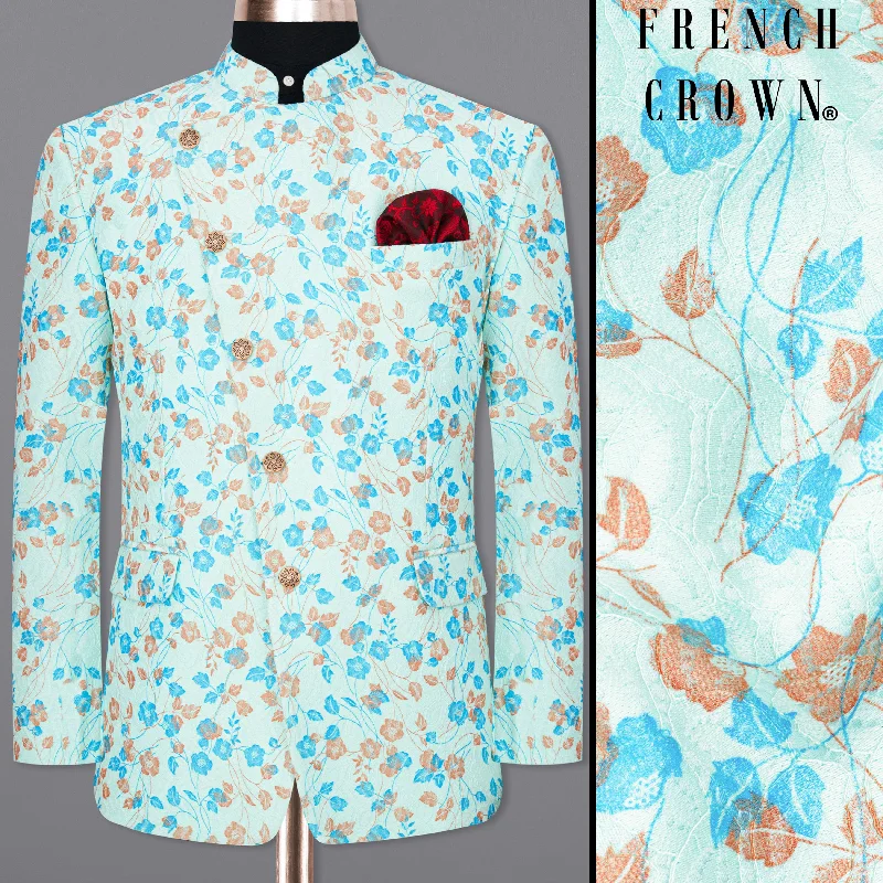 Mint Tulip and Tiffany Blue Floral Printed Cross Placket Bandhgala Designer Blazer Casual Men's Japanese 