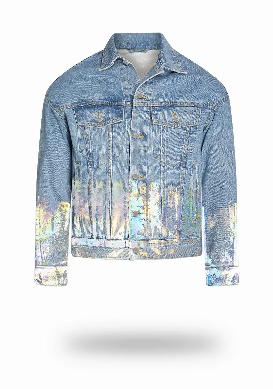 Shorter Light Wash Denim Jacket with Holographic Foil Dapper Men's 1920S