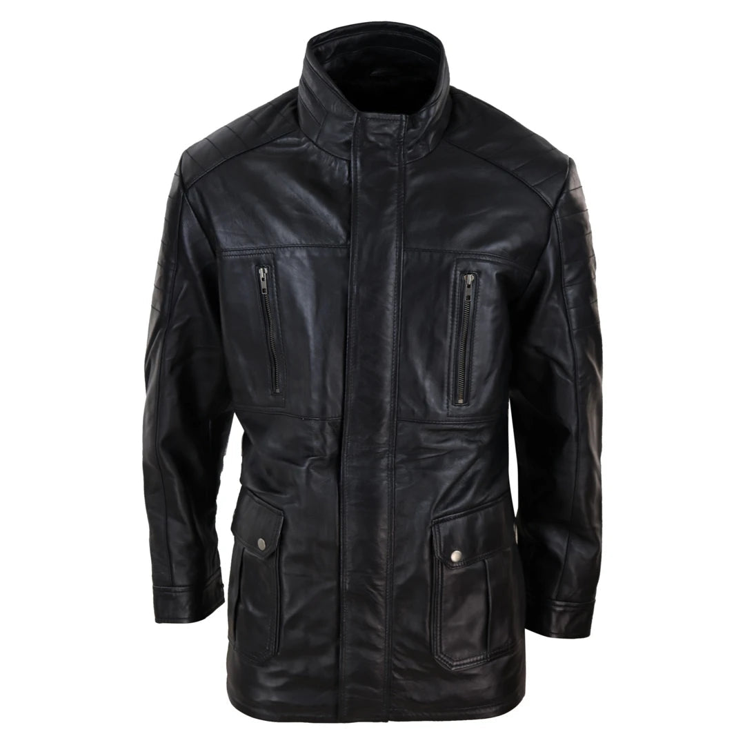 Men's 3/4 Leather Jacket Safari Black Brown Zipped Winter Tough Men's Tactical