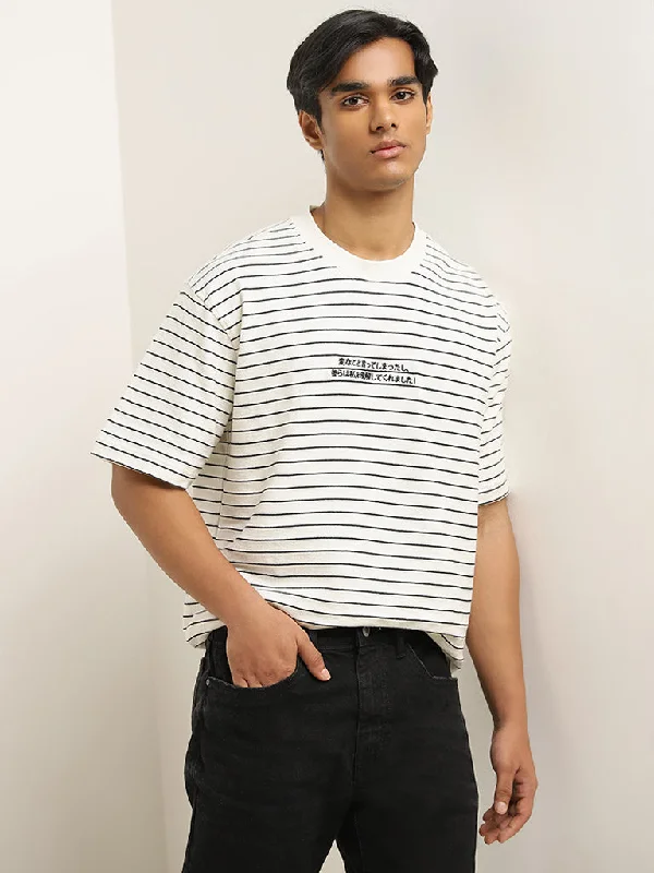 Nuon Off-White Striped Relaxed-Fit Cotton Blend T-Shirt Elegant Men's Formal 