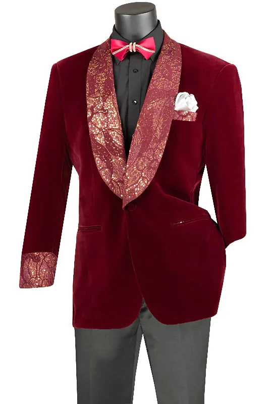 Burgundy Regular Fit Velvet Jacket with Wide Shawl Lapel and Cuffs Confident Men's High