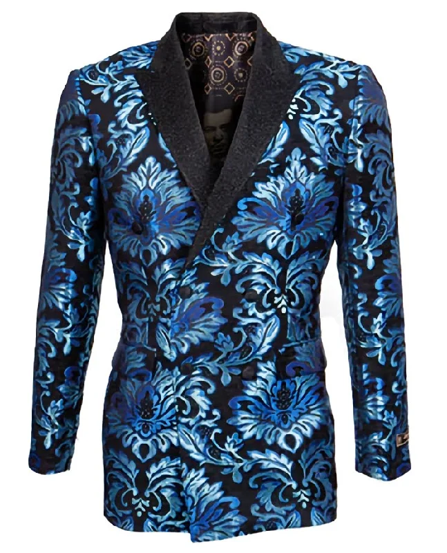 Slim Fit Turquoise Paisley Pattern Double Breasted Blazer Refined Men's European