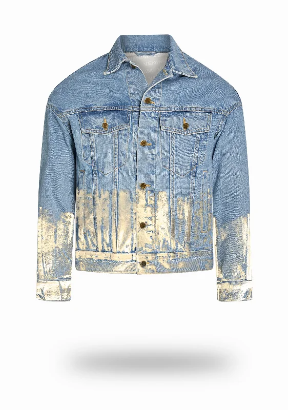 Shorter Light Wash Denim Jacket with Champagne Gold Foil Earthy Men's Sustainable 