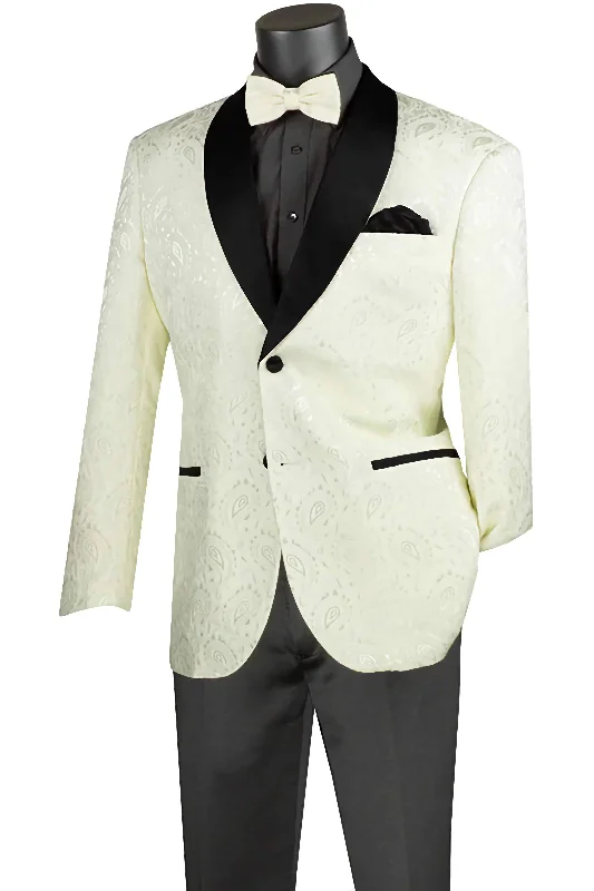 Ivory Modern Fit Paisley Pattern Jacquard Fabric Jacket with Bow Tie Artistic Men's Hand