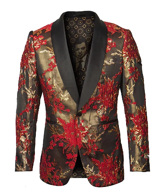 Red Floral Pattern Sports Coat Slim Fit Elegant Men's Cashmere