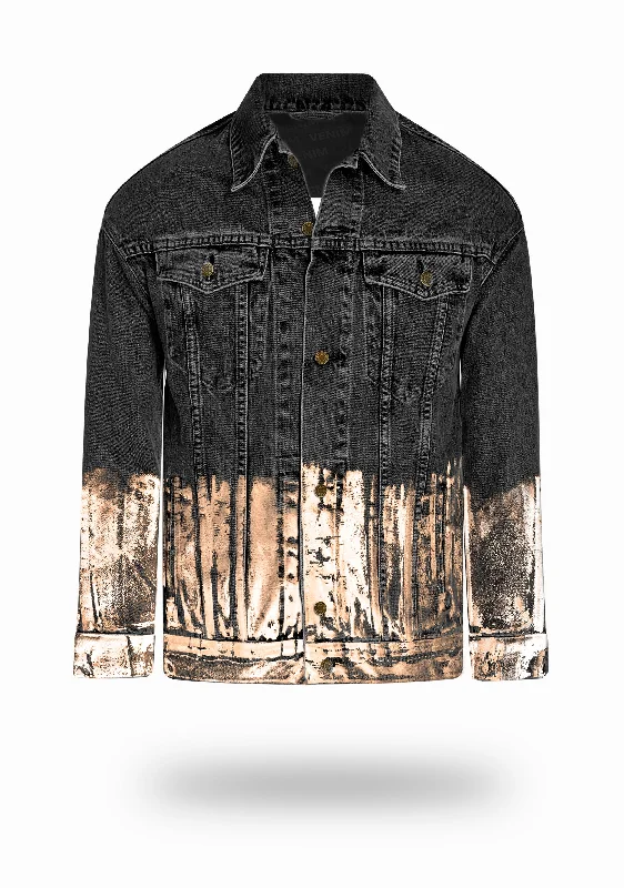 Longer Washed Black Denim Jacket with Rose Gold Foil Traditional Men's Wool