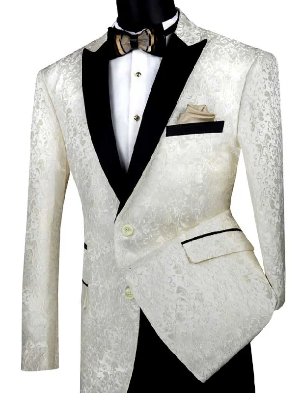 Ivory  Regular Fit Floral Pattern Jacket Peak Lapel Sharp Men's Italian