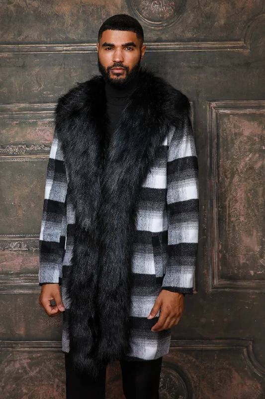 3/4 Length Coat (Full Fur Collar)- Black/White Sporty Men's Athleisure 