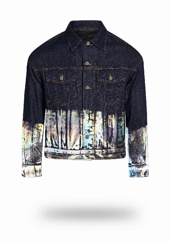 Shorter Indigo Denim Jacket with Holographic Foil Trendy Men's Oversized