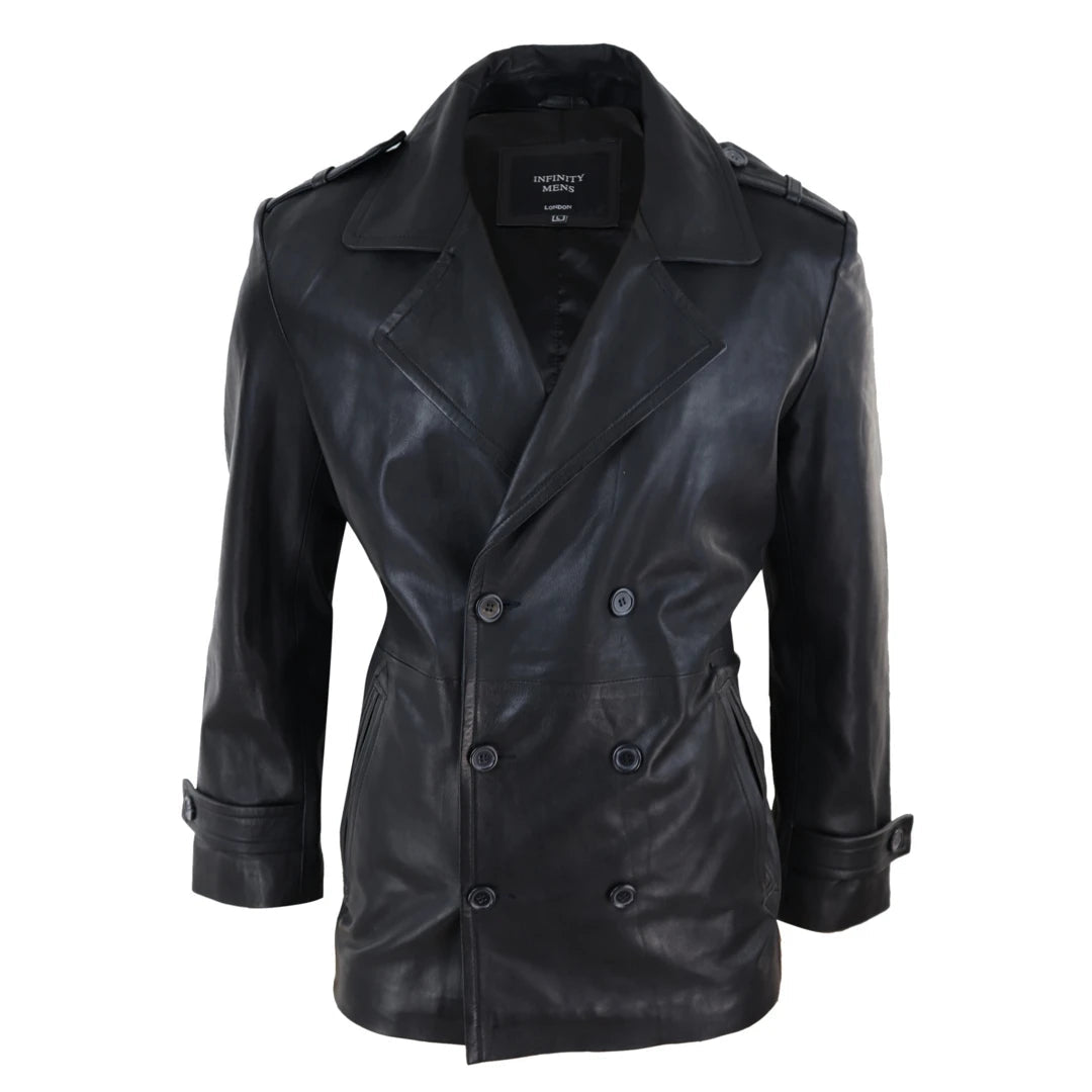 Men's Leather 3/4 Double Breasted Pea Coat Sherlock Black Sailor Classic Practical Men's Multi