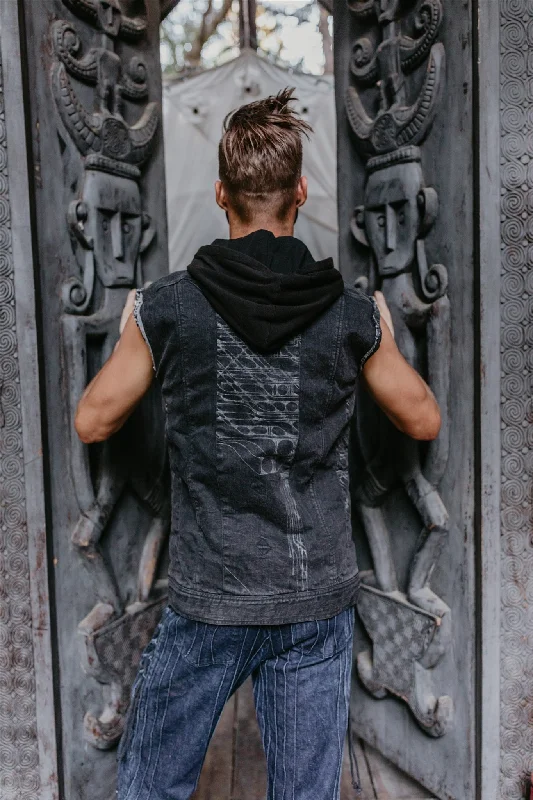 Sigil Vest - Black Washed Denim w/ Arrow Print Artistic Men's Avant