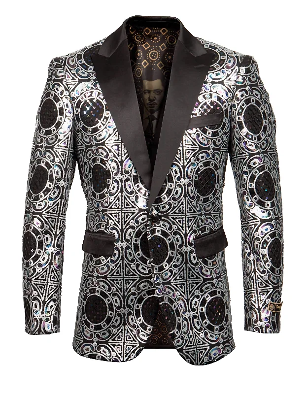 Silver Slim Fit Peak Lapel Sports Coat Polished Men's Satin