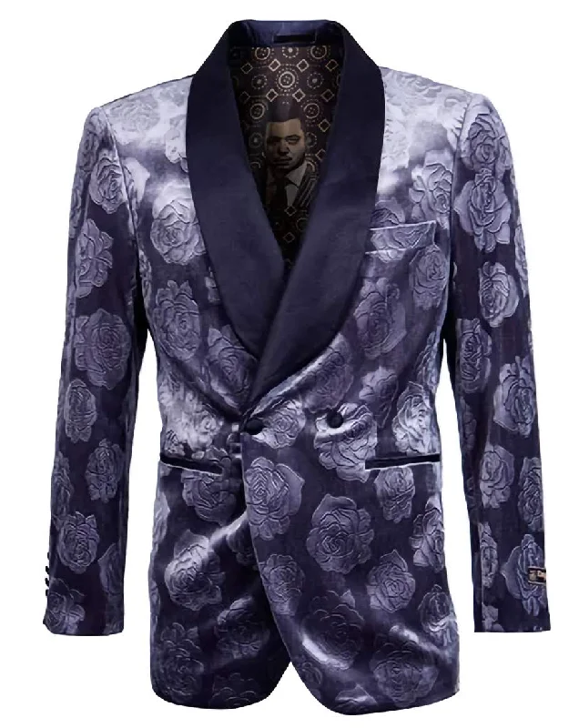 Slim Fit Royal Blue Floral Pattern Double Breasted Blazer Youthful Men's Pop