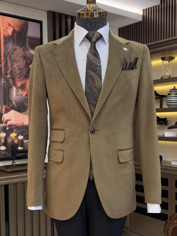 Khaki Single Breasted Blazer Refined Men's Velvet