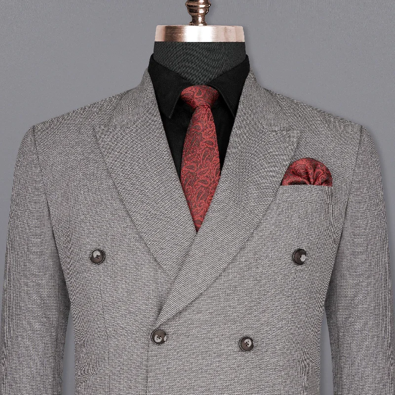 Mountain Mist Gray Houndstooth Wool Rich Double Breasted Blazer Unique Men's Patch