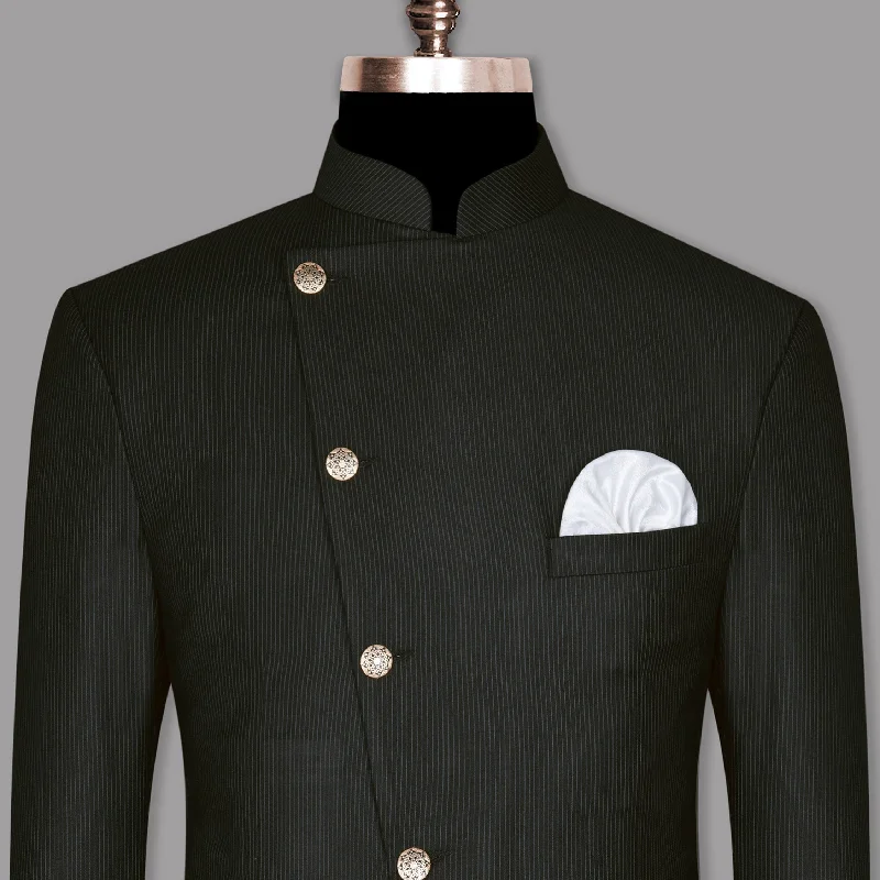 Jade Black Pinstriped Cross Placket Bandhgala/Mandarin Wool-Silk blend Blazer Dapper Men's 1920S