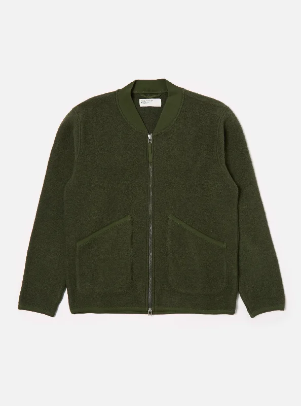 Universal Works Zip Bomber in Olive Wool Fleece Sophisticated Men's French