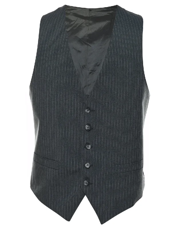 Grey Pinstriped Classic Waistcoat - L Traditional Men's Wool