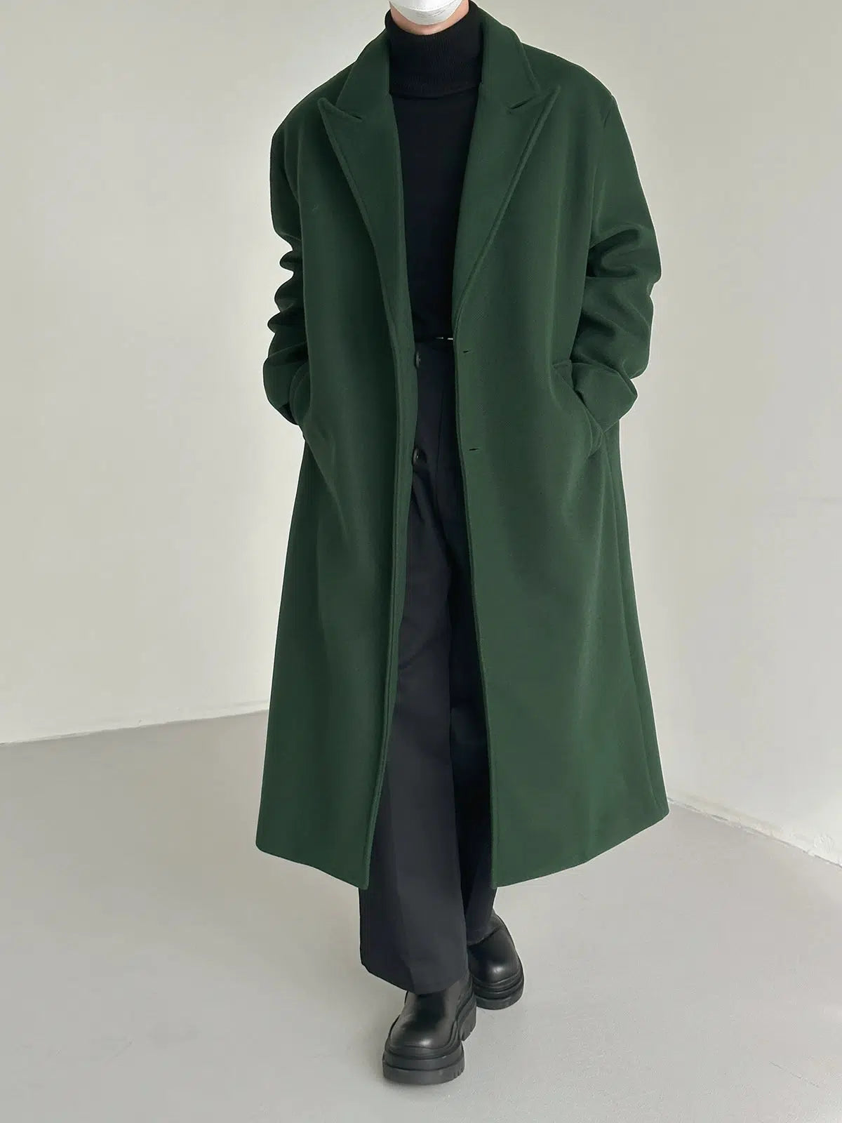 Green Woolen Over-the-knee Coat Practical Men's Multi