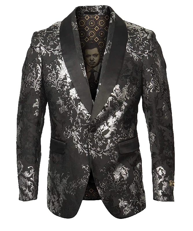 Black/Silver Floral Pattern Sports Coat Slim Fit Hip Men's Retro