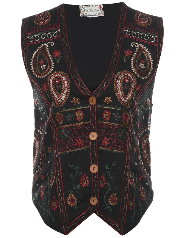 Embroidered Black Waistcoat - M Dapper Men's 1920S