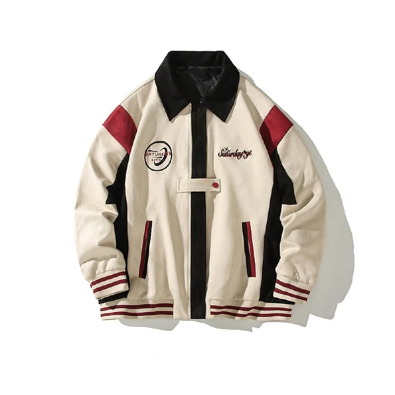 Retro Color Block Embroidered Suede Jacket Organic