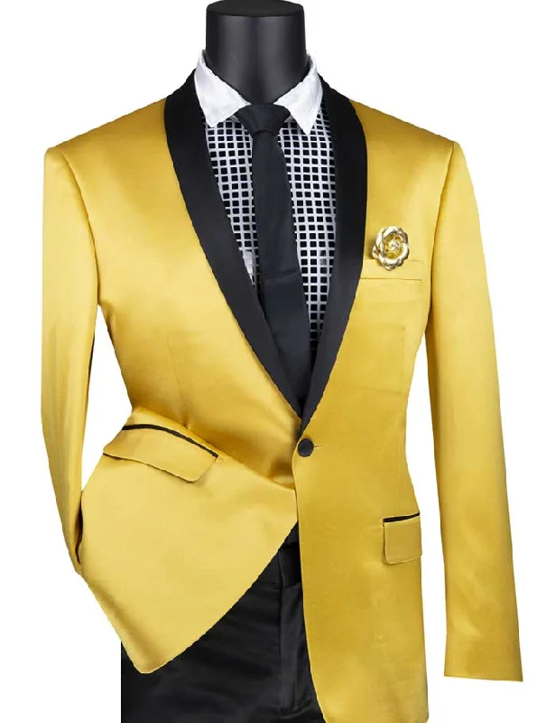 Gold Slim Fit Blazer Stretch Sateen 1 Button With Narrow Shawl Lapel Tailored